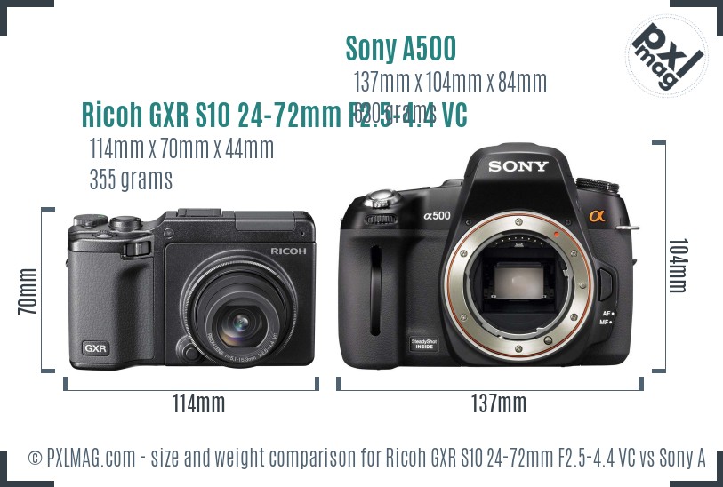 Ricoh GXR S10 24-72mm F2.5-4.4 VC vs Sony A500 size comparison