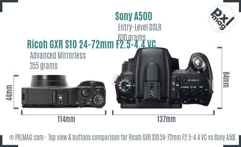 Ricoh GXR S10 24-72mm F2.5-4.4 VC vs Sony A500 top view buttons comparison