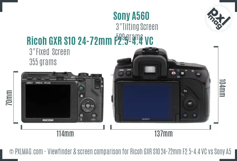 Ricoh GXR S10 24-72mm F2.5-4.4 VC vs Sony A560 Screen and Viewfinder comparison
