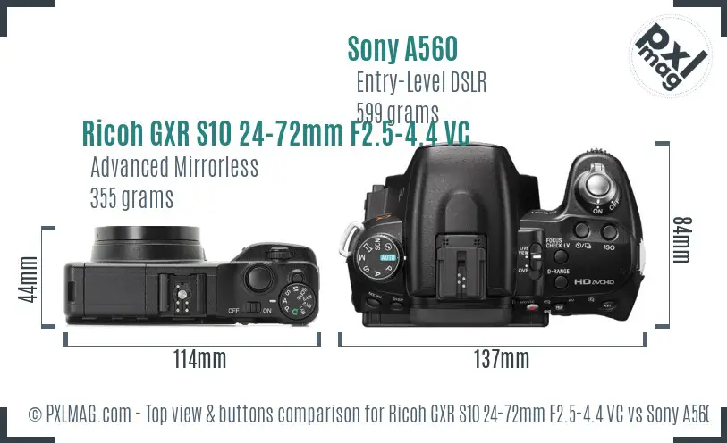 Ricoh GXR S10 24-72mm F2.5-4.4 VC vs Sony A560 top view buttons comparison