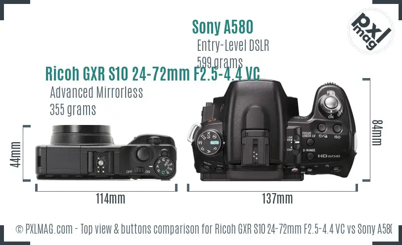 Ricoh GXR S10 24-72mm F2.5-4.4 VC vs Sony A580 top view buttons comparison