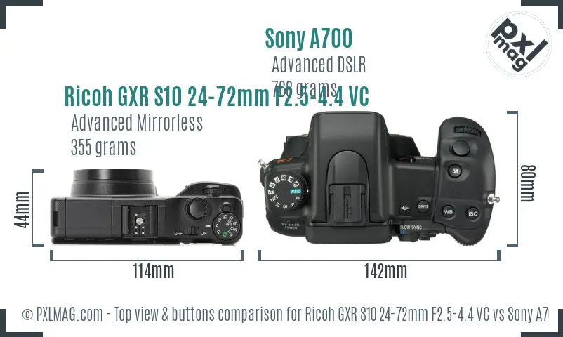 Ricoh GXR S10 24-72mm F2.5-4.4 VC vs Sony A700 top view buttons comparison