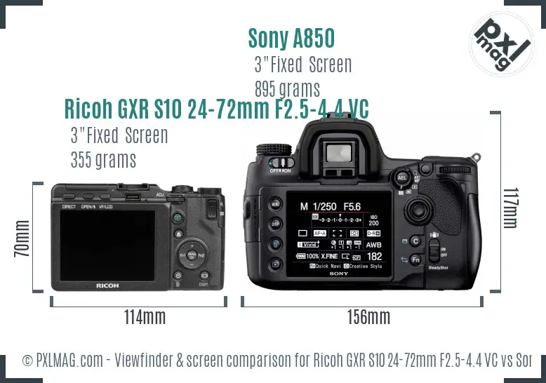 Ricoh GXR S10 24-72mm F2.5-4.4 VC vs Sony A850 Screen and Viewfinder comparison