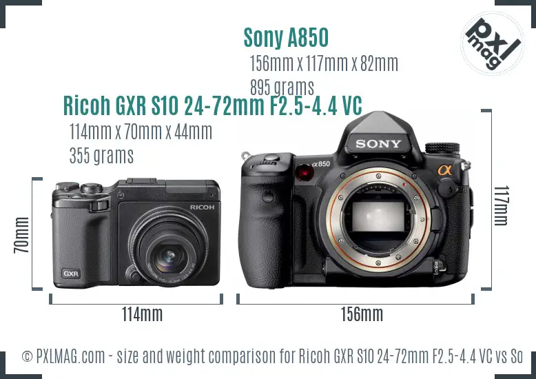 Ricoh GXR S10 24-72mm F2.5-4.4 VC vs Sony A850 size comparison