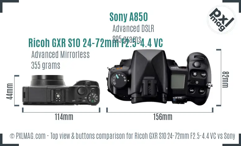 Ricoh GXR S10 24-72mm F2.5-4.4 VC vs Sony A850 top view buttons comparison