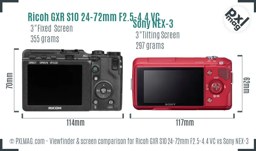 Ricoh GXR S10 24-72mm F2.5-4.4 VC vs Sony NEX-3 Screen and Viewfinder comparison