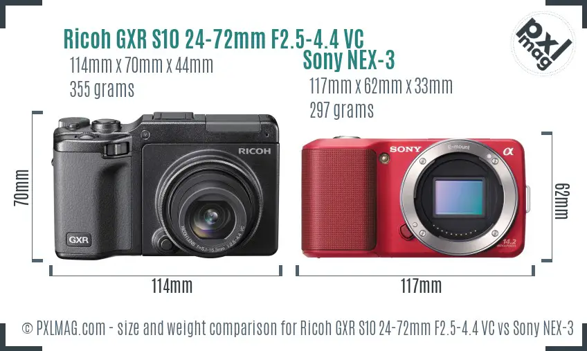 Ricoh GXR S10 24-72mm F2.5-4.4 VC vs Sony NEX-3 size comparison