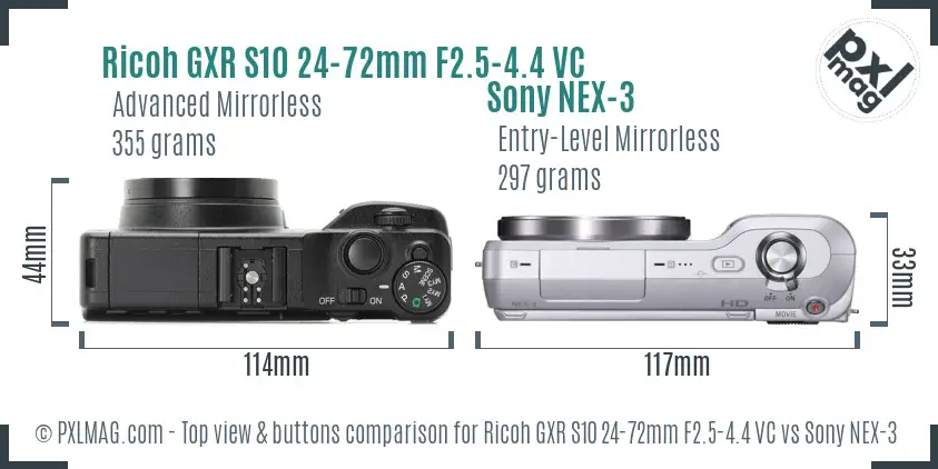 Ricoh GXR S10 24-72mm F2.5-4.4 VC vs Sony NEX-3 top view buttons comparison