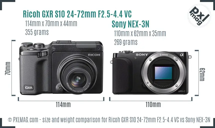 Ricoh GXR S10 24-72mm F2.5-4.4 VC vs Sony NEX-3N size comparison