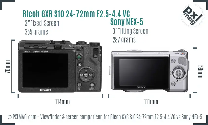 Ricoh GXR S10 24-72mm F2.5-4.4 VC vs Sony NEX-5 Screen and Viewfinder comparison