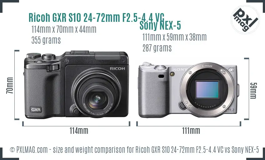 Ricoh GXR S10 24-72mm F2.5-4.4 VC vs Sony NEX-5 size comparison