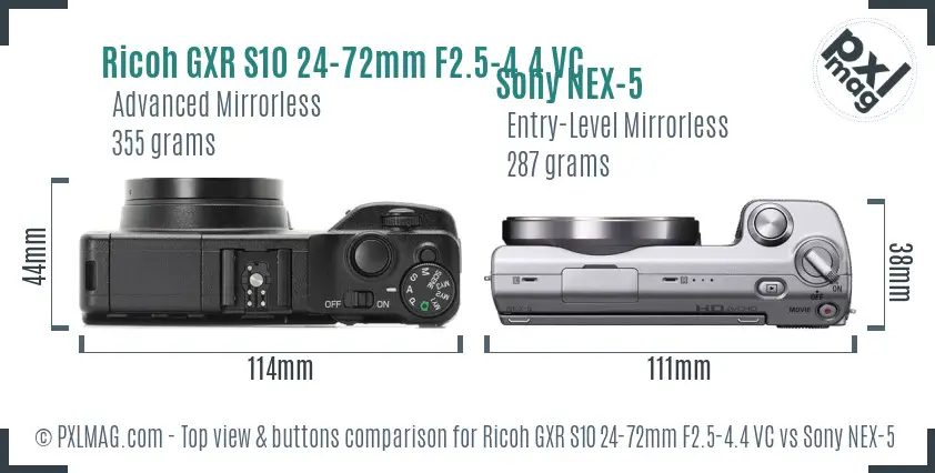 Ricoh GXR S10 24-72mm F2.5-4.4 VC vs Sony NEX-5 top view buttons comparison