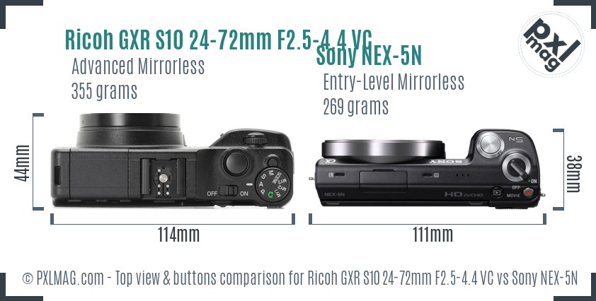 Ricoh GXR S10 24-72mm F2.5-4.4 VC vs Sony NEX-5N top view buttons comparison