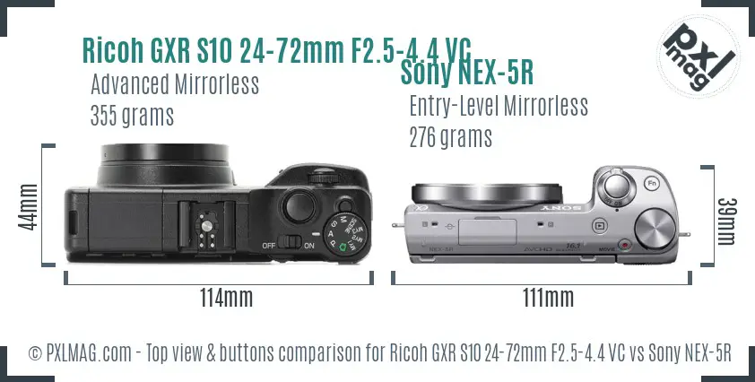 Ricoh GXR S10 24-72mm F2.5-4.4 VC vs Sony NEX-5R top view buttons comparison