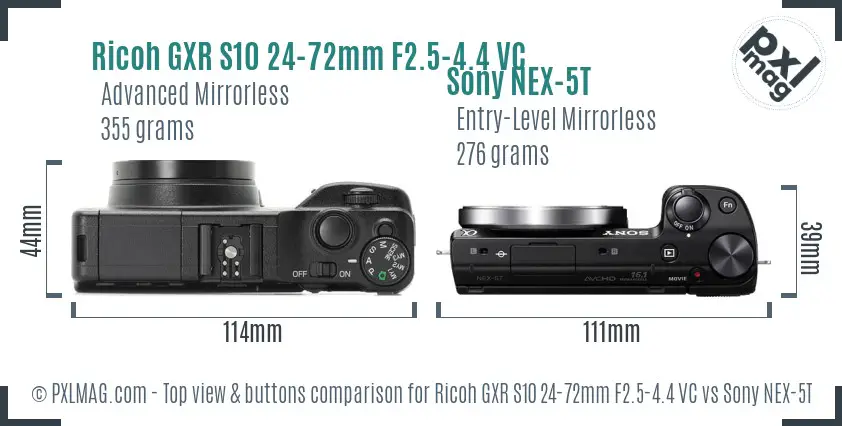 Ricoh GXR S10 24-72mm F2.5-4.4 VC vs Sony NEX-5T top view buttons comparison