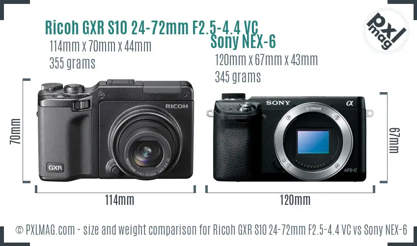 Ricoh GXR S10 24-72mm F2.5-4.4 VC vs Sony NEX-6 size comparison