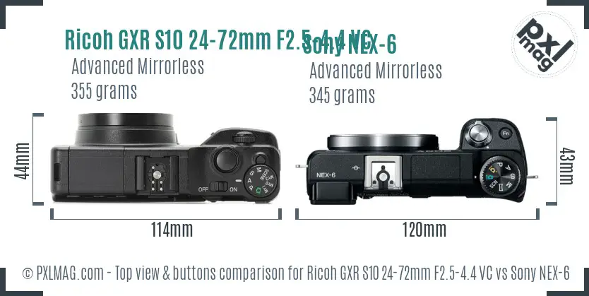 Ricoh GXR S10 24-72mm F2.5-4.4 VC vs Sony NEX-6 top view buttons comparison