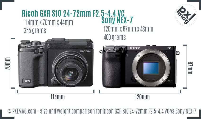Ricoh GXR S10 24-72mm F2.5-4.4 VC vs Sony NEX-7 size comparison