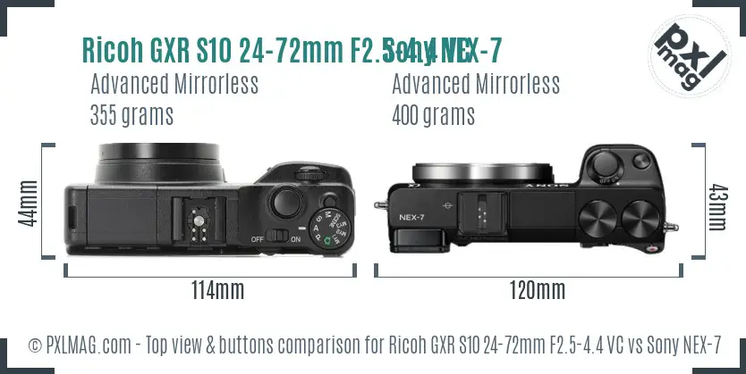 Ricoh GXR S10 24-72mm F2.5-4.4 VC vs Sony NEX-7 top view buttons comparison
