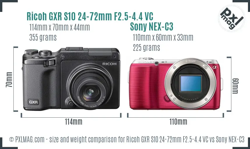 Ricoh GXR S10 24-72mm F2.5-4.4 VC vs Sony NEX-C3 size comparison