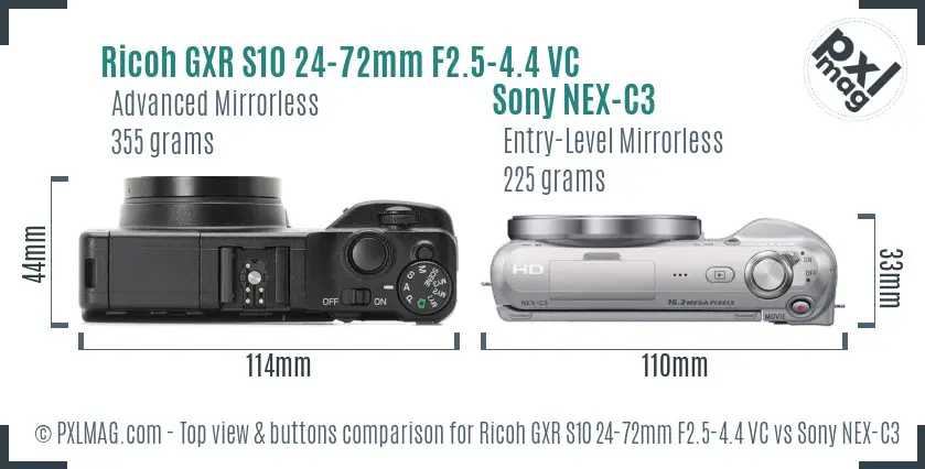 Ricoh GXR S10 24-72mm F2.5-4.4 VC vs Sony NEX-C3 top view buttons comparison