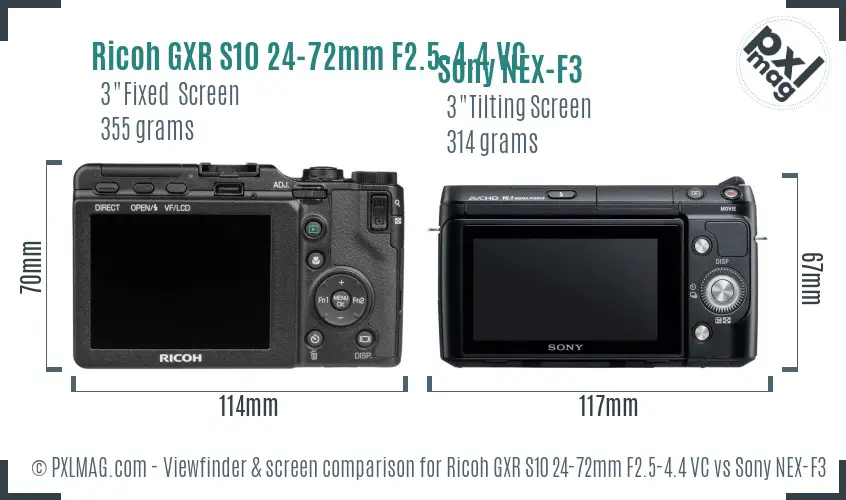 Ricoh GXR S10 24-72mm F2.5-4.4 VC vs Sony NEX-F3 Screen and Viewfinder comparison