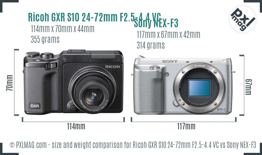 Ricoh GXR S10 24-72mm F2.5-4.4 VC vs Sony NEX-F3 size comparison
