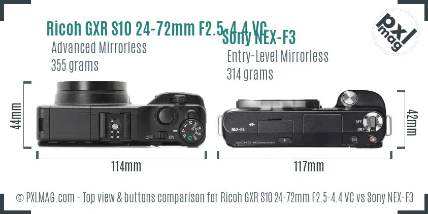 Ricoh GXR S10 24-72mm F2.5-4.4 VC vs Sony NEX-F3 top view buttons comparison