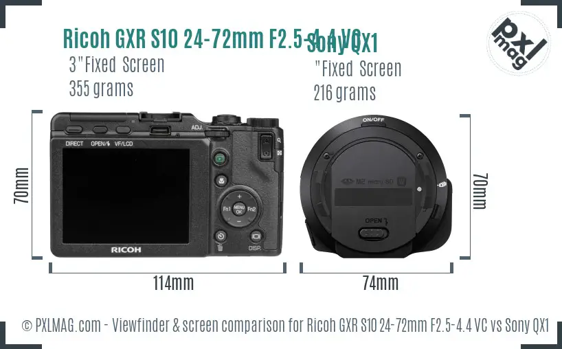 Ricoh GXR S10 24-72mm F2.5-4.4 VC vs Sony QX1 Screen and Viewfinder comparison