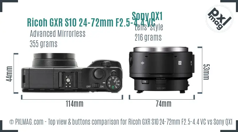 Ricoh GXR S10 24-72mm F2.5-4.4 VC vs Sony QX1 top view buttons comparison