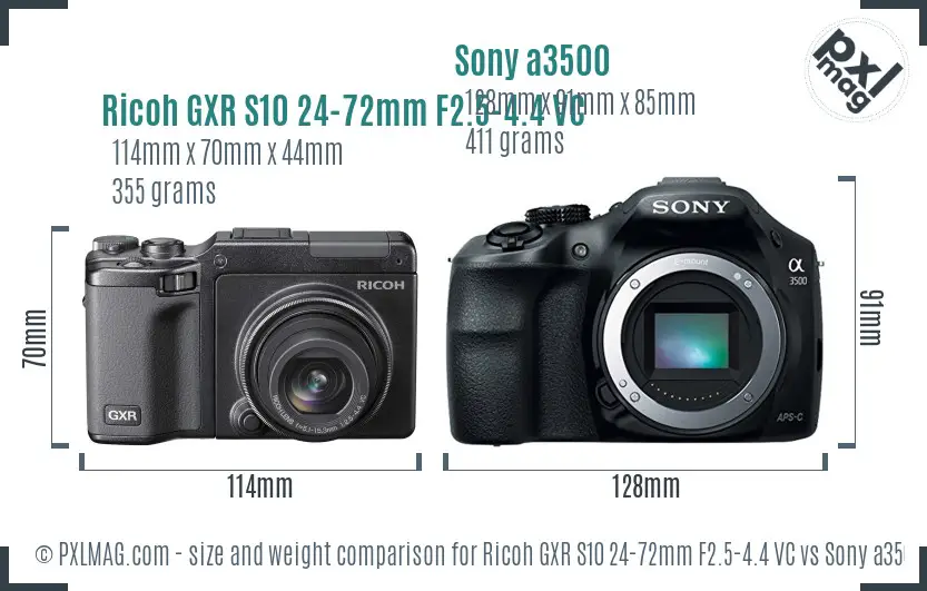 Ricoh GXR S10 24-72mm F2.5-4.4 VC vs Sony a3500 size comparison