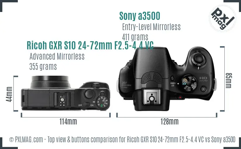 Ricoh GXR S10 24-72mm F2.5-4.4 VC vs Sony a3500 top view buttons comparison