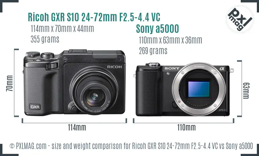 Ricoh GXR S10 24-72mm F2.5-4.4 VC vs Sony a5000 size comparison