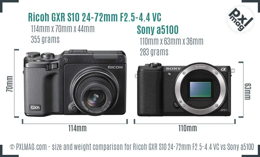 Ricoh GXR S10 24-72mm F2.5-4.4 VC vs Sony a5100 size comparison