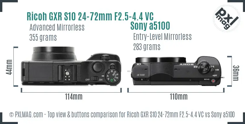 Ricoh GXR S10 24-72mm F2.5-4.4 VC vs Sony a5100 top view buttons comparison