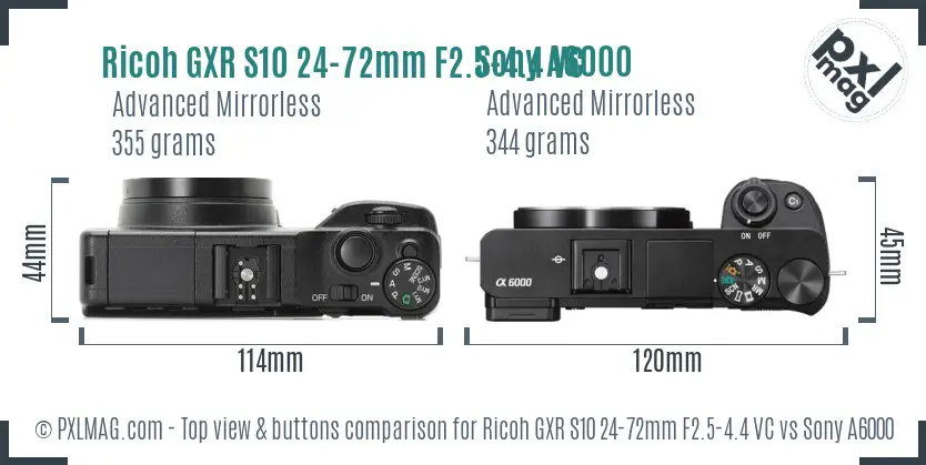 Ricoh GXR S10 24-72mm F2.5-4.4 VC vs Sony A6000 top view buttons comparison