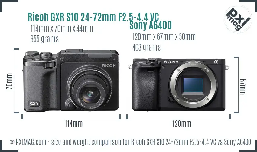 Ricoh GXR S10 24-72mm F2.5-4.4 VC vs Sony A6400 size comparison