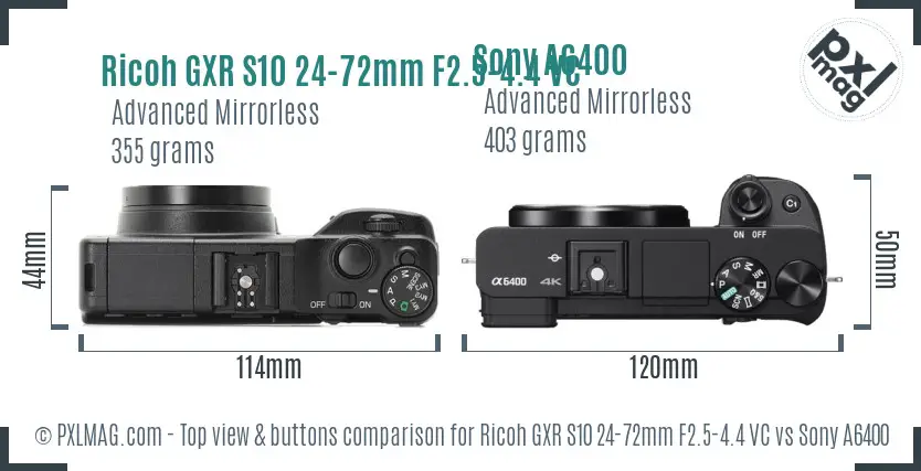 Ricoh GXR S10 24-72mm F2.5-4.4 VC vs Sony A6400 top view buttons comparison