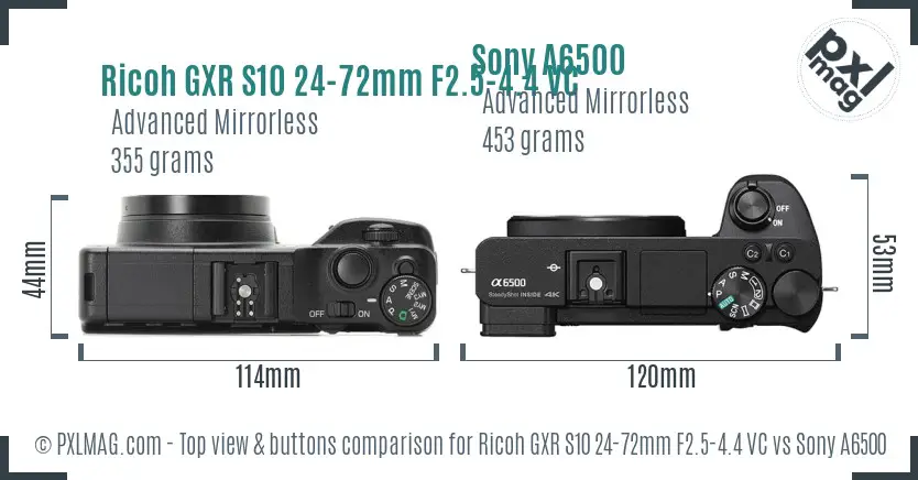 Ricoh GXR S10 24-72mm F2.5-4.4 VC vs Sony A6500 top view buttons comparison