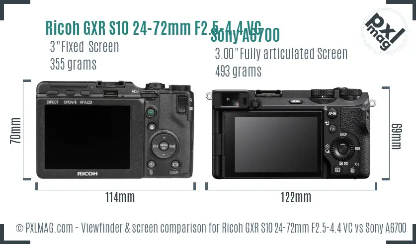 Ricoh GXR S10 24-72mm F2.5-4.4 VC vs Sony A6700 Screen and Viewfinder comparison