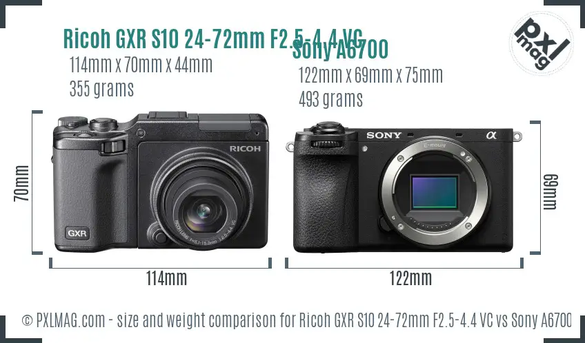 Ricoh GXR S10 24-72mm F2.5-4.4 VC vs Sony A6700 size comparison