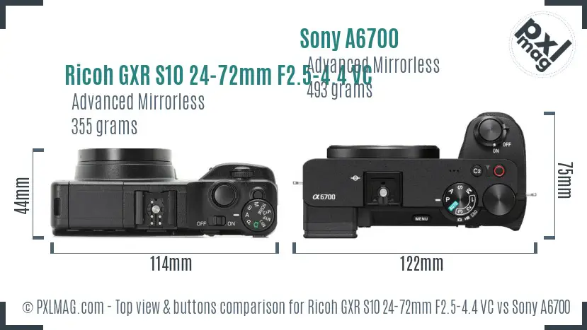Ricoh GXR S10 24-72mm F2.5-4.4 VC vs Sony A6700 top view buttons comparison