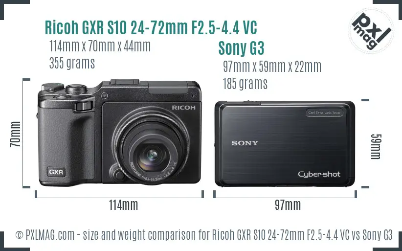 Ricoh GXR S10 24-72mm F2.5-4.4 VC vs Sony G3 size comparison