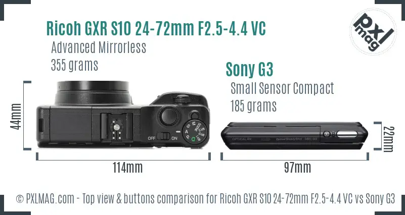 Ricoh GXR S10 24-72mm F2.5-4.4 VC vs Sony G3 top view buttons comparison