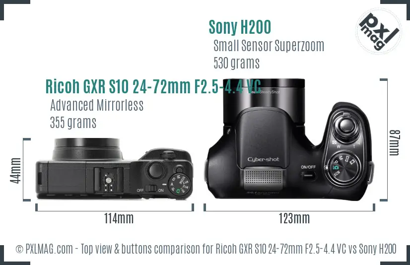 Ricoh GXR S10 24-72mm F2.5-4.4 VC vs Sony H200 top view buttons comparison Ricoh GXR S10 24-72mm F2.5-4.4 VC vs Sony H200 top view buttons comparison