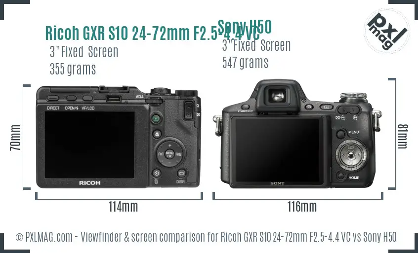 Ricoh GXR S10 24-72mm F2.5-4.4 VC vs Sony H50 Screen and Viewfinder comparison