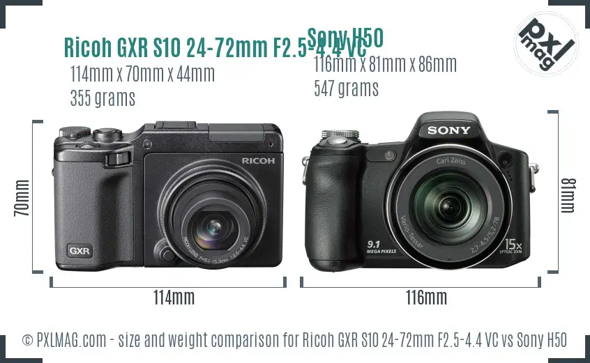 Ricoh GXR S10 24-72mm F2.5-4.4 VC vs Sony H50 size comparison