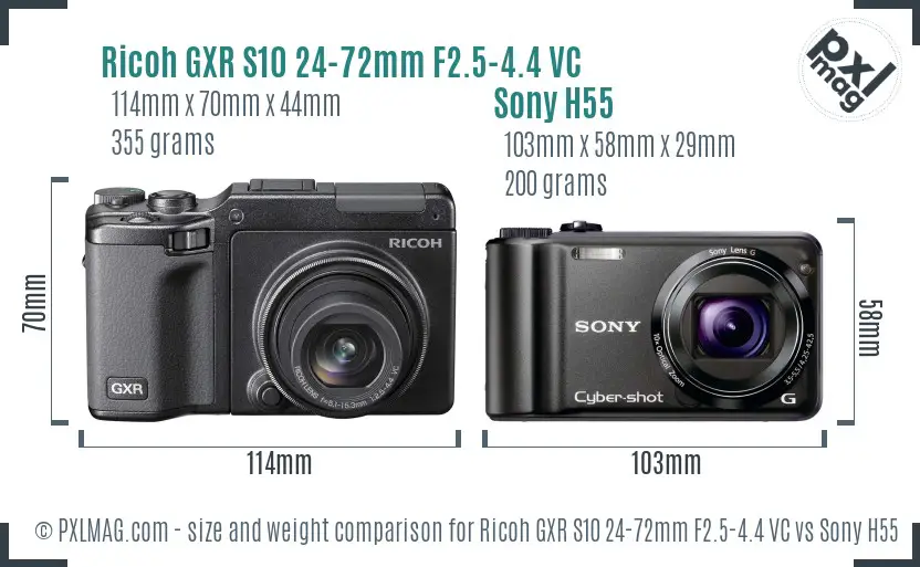 Ricoh GXR S10 24-72mm F2.5-4.4 VC vs Sony H55 size comparison