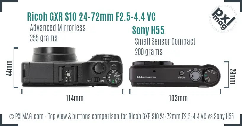 Ricoh GXR S10 24-72mm F2.5-4.4 VC vs Sony H55 top view buttons comparison