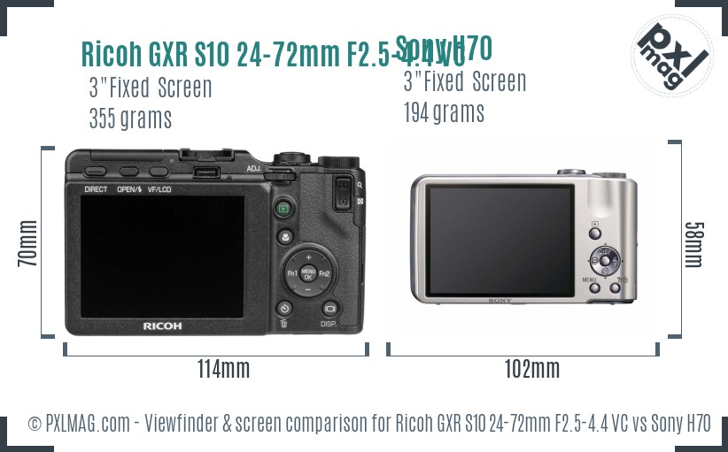Ricoh GXR S10 24-72mm F2.5-4.4 VC vs Sony H70 Screen and Viewfinder comparison